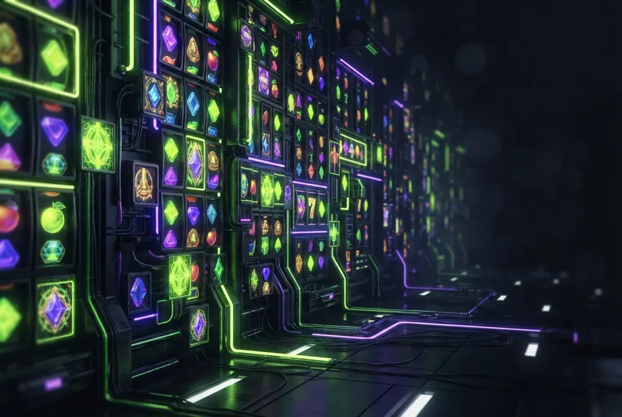 Illustration : mur de rouleaux de machines à sous lumineux — le catalogue LuckyBoom